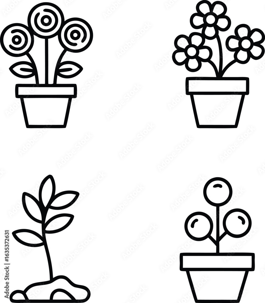 Fototapeta premium Minimalist Line Art Four Unique Plant Icons in Pots and Soil Design Elements