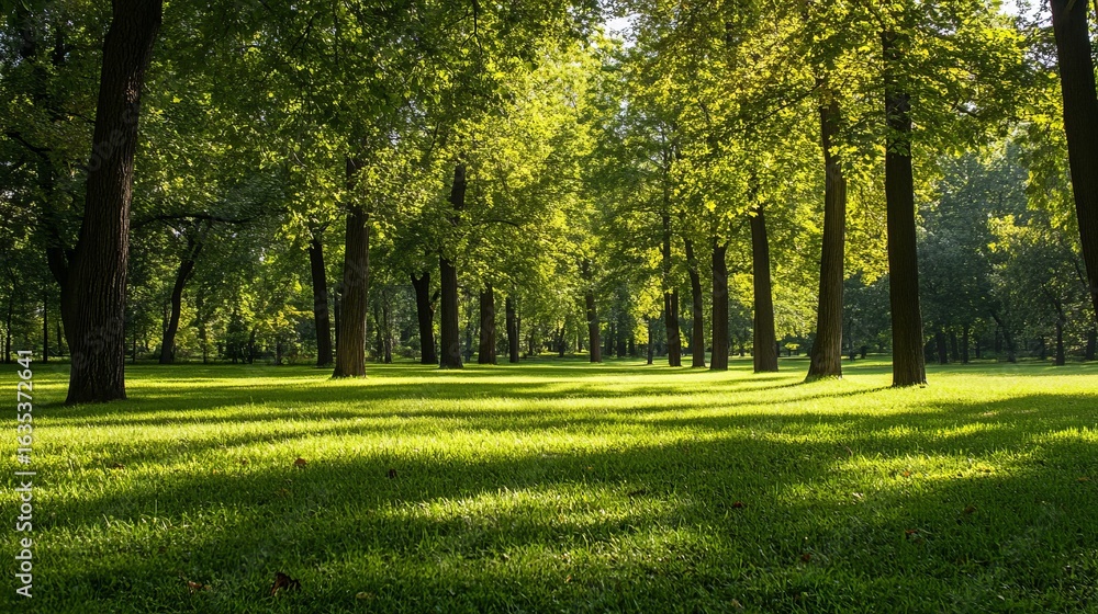 Naklejka premium Lush parkland, sunlight filtering through trees