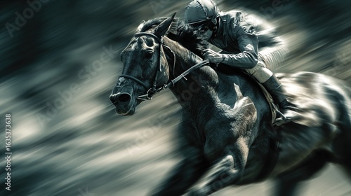 Powerful thoroughbred racehorse running at full speed on racetrack with dynamic motion and energy. Equestrian sports, horse racing competition and animal athleticism concept.
