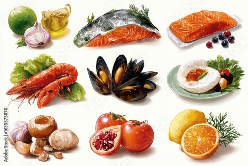 Seafood, Produce & Herbs Collage