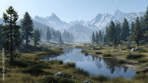 Serene mountain landscape with calm water reflecting sky and distant peaks