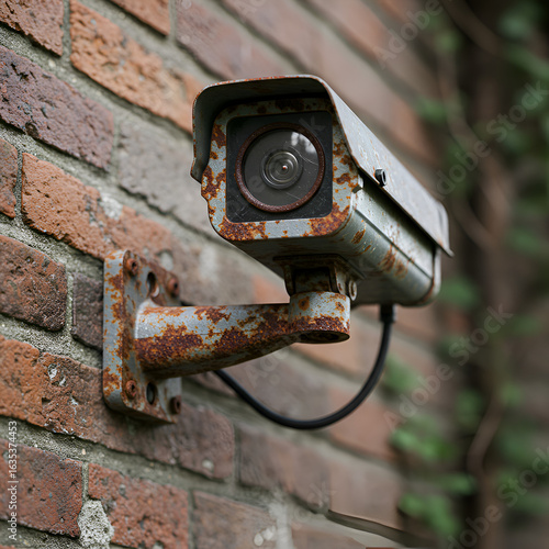 Aged And Rusty Security Camera Attached To A Red Brick Wall Photo