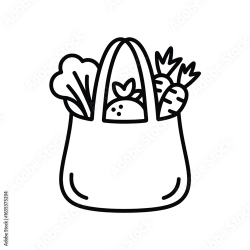 Simple line drawing of a grocery bag filled with fresh produce