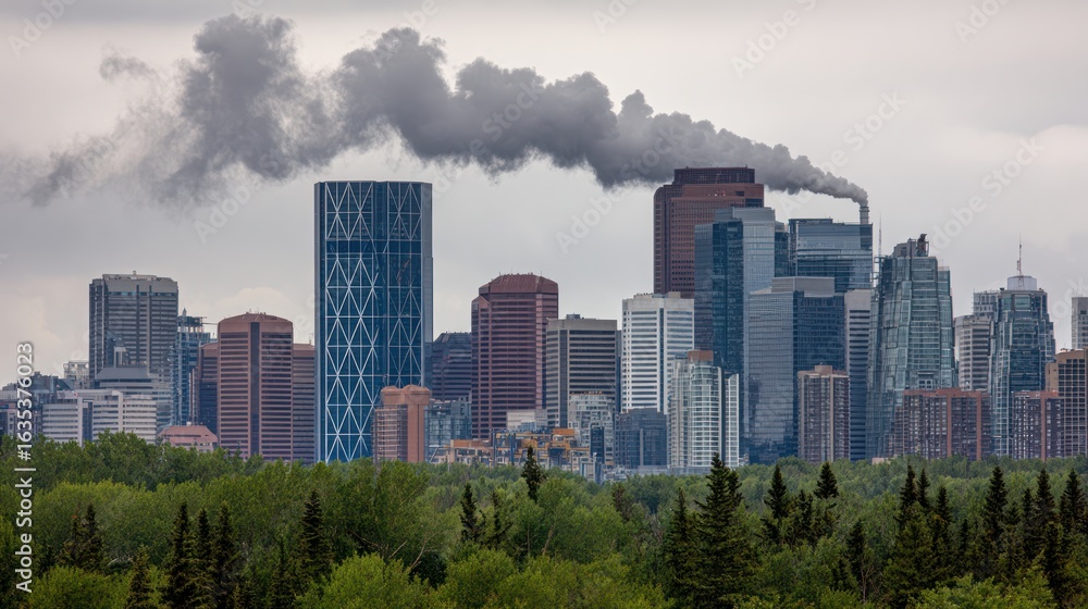 Obraz premium Skyline of a city with tall buildings and smokestack rising above lush, green treetops
