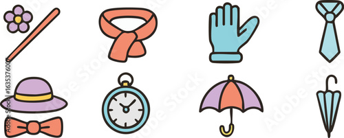Set of colorful cartoon fashion accessory icons.