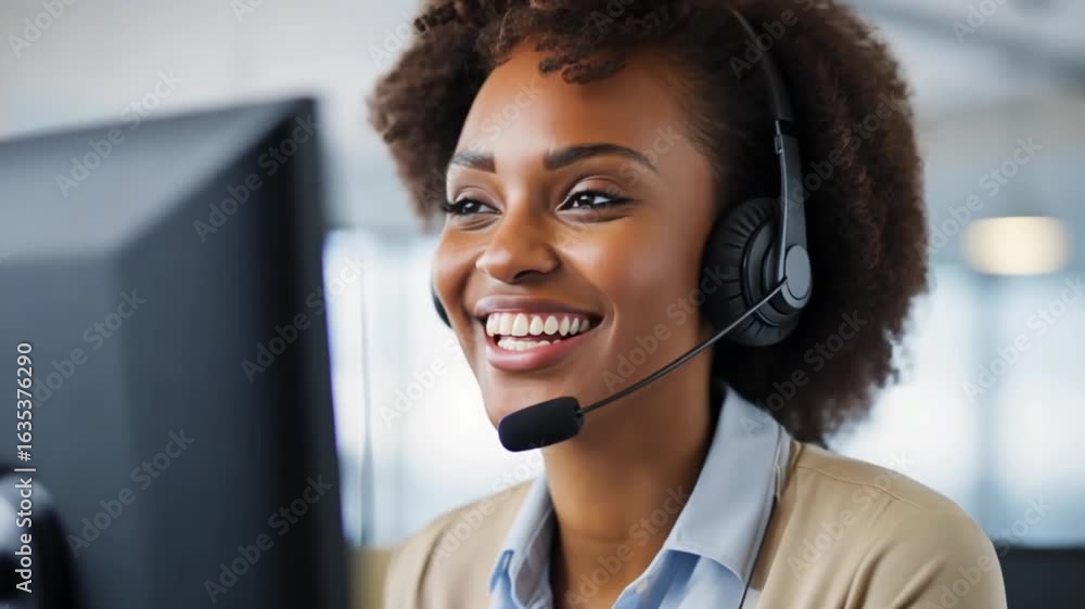 Smiling female call center operator with headset providing customer service support in bright office.