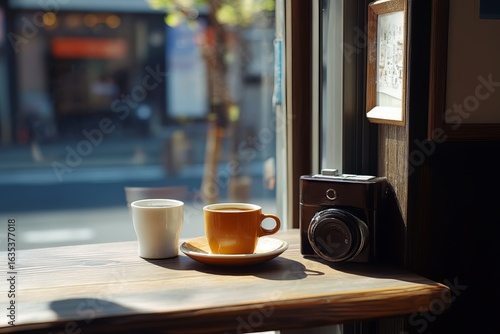 Sunny cafe window seat with coffee and camera