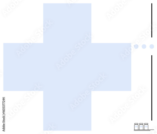 Large blue medical cross centered with vertical lines, dots, and small jars illustration. Ideal for healthcare, medicine, pharmacy, first aid, minimalism design simplicity wellness. Flat simple