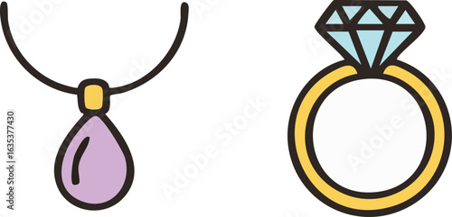 Simple flat icons of a diamond ring and a purple pendant necklace.