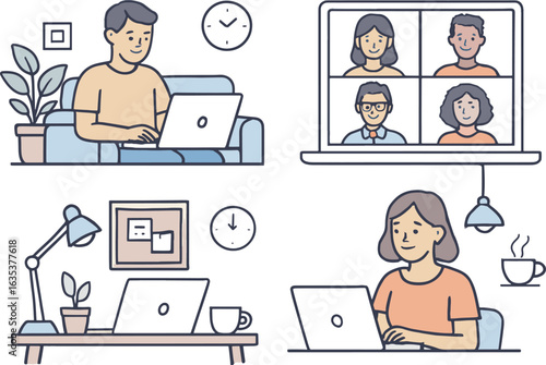 Remote Work & Home Office Illustration Set. Virtual Meeting & Freelancer Scenes.