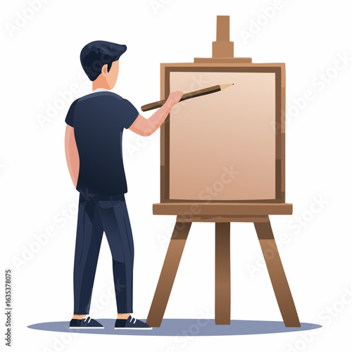 vector illustration of a person sketching on a blue-framed easel canvas, artistic creative scene