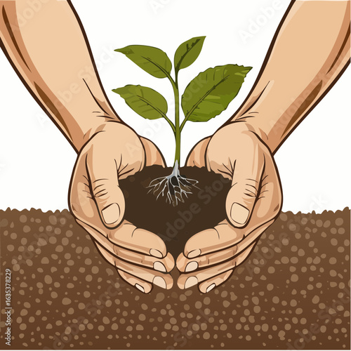 vector illustration of hands planting a young sapling in gray soil, symbolizing growth and sustainability