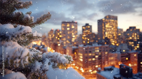 Snowy evergreen branch overlooks a blurred, lit city skyline at dusk, snow falling