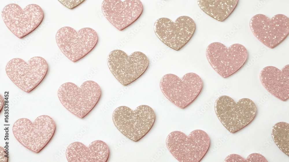 Fototapeta premium Pastel Glitter Hearts Pattern on White Background, Cute Romantic Decorative Art