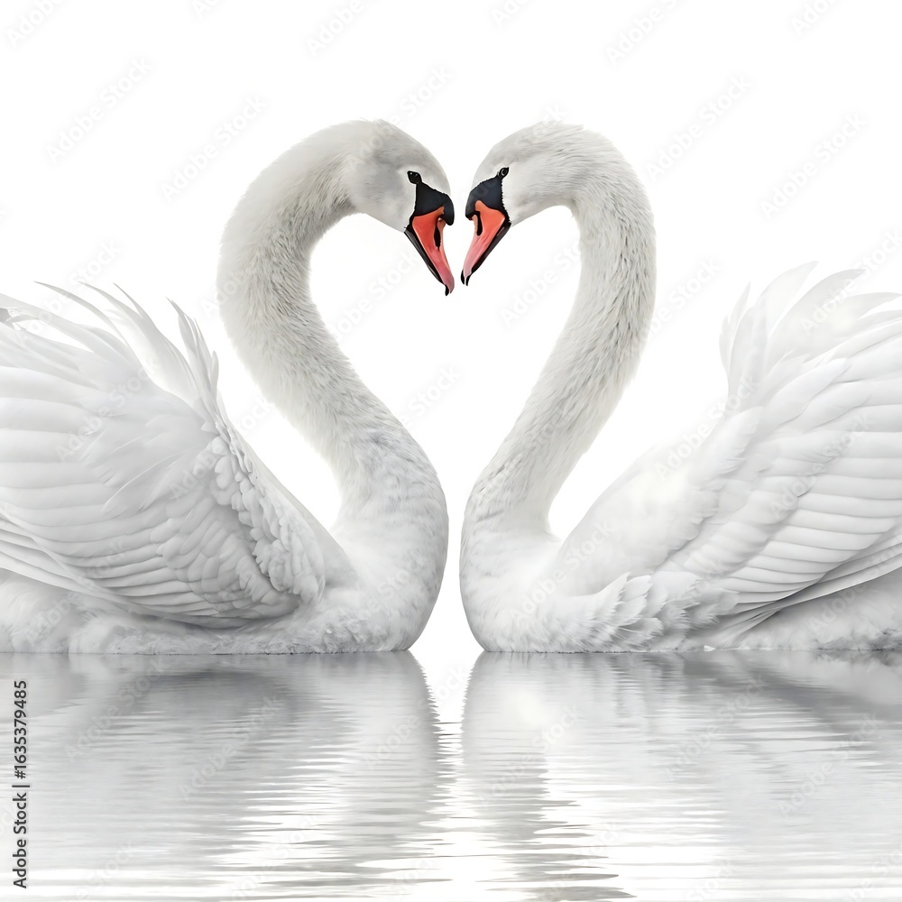 Fototapeta premium Two white swans forming a heart shape with their necks, isolated on white background