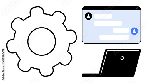 Gear icon near a chat interface and laptop symbolizing teamwork, collaboration, communication, tech efficiency, system setup. Ideal for workflow, IT service, remote work, simple landing page