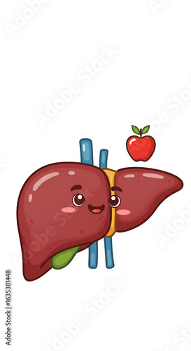 Cute Animated Liver with Smiling Face and Red Apple Illustration