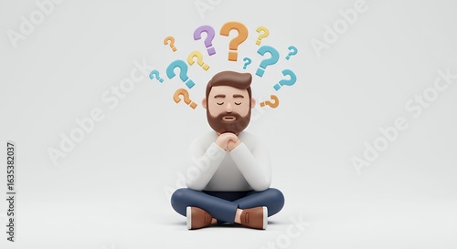 Cartoon man thinking with question marks