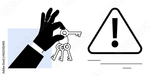 Hand grasping keys next to a warning exclamation sign in a triangle. Ideal for security, access control, risk awareness, danger, responsibility, caution, and decision-making concepts represented in