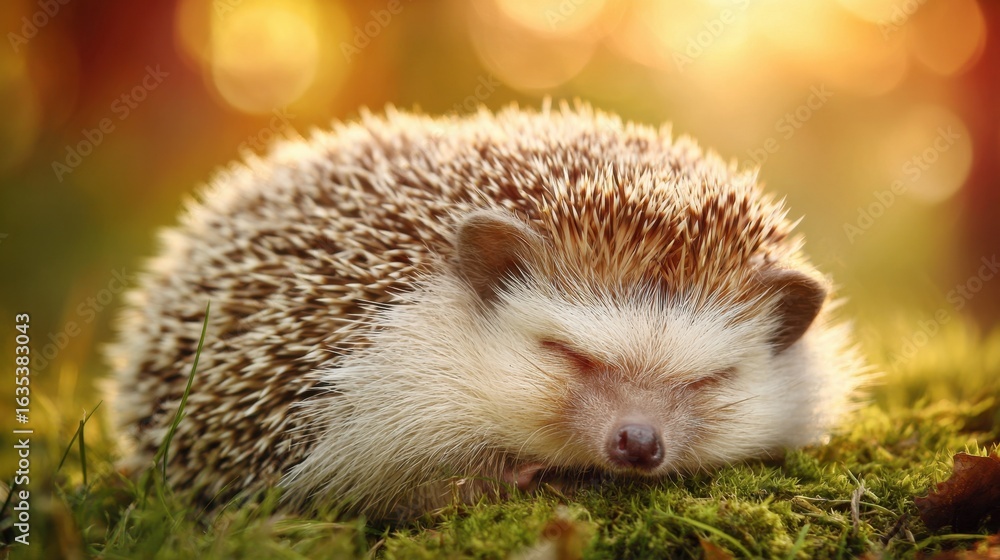 Obraz premium Adorable hedgehog peacefully sleeping on soft moss under gentle sunlight in a tranquil forest setting with blurred natural background colors