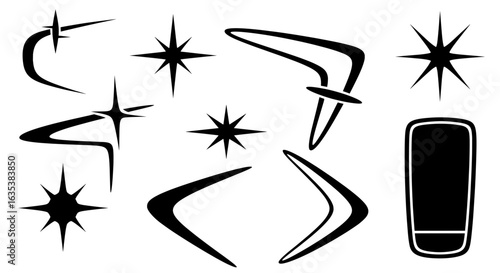 Set of black retro futuristic vector graphics inspired by the atomic age and googie design. Includes starbursts, abstract boomerangs, and 1950s style icons for decoration.