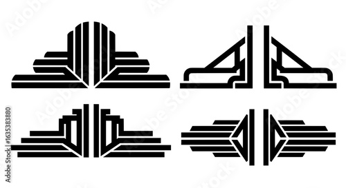 Collection of black Art Deco vector dividers. Featuring symmetrical geometric ornaments inspired by roaring 1920s and 1930s architectural motifs for vintage luxury design.