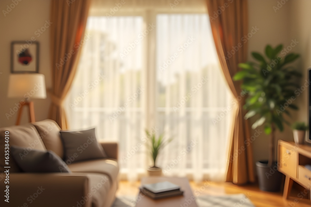 Fototapeta premium Abstract hazy curtains interior decoration in living room with sunlight. Blurry. Blurred. Abstract background. 3d rendering.