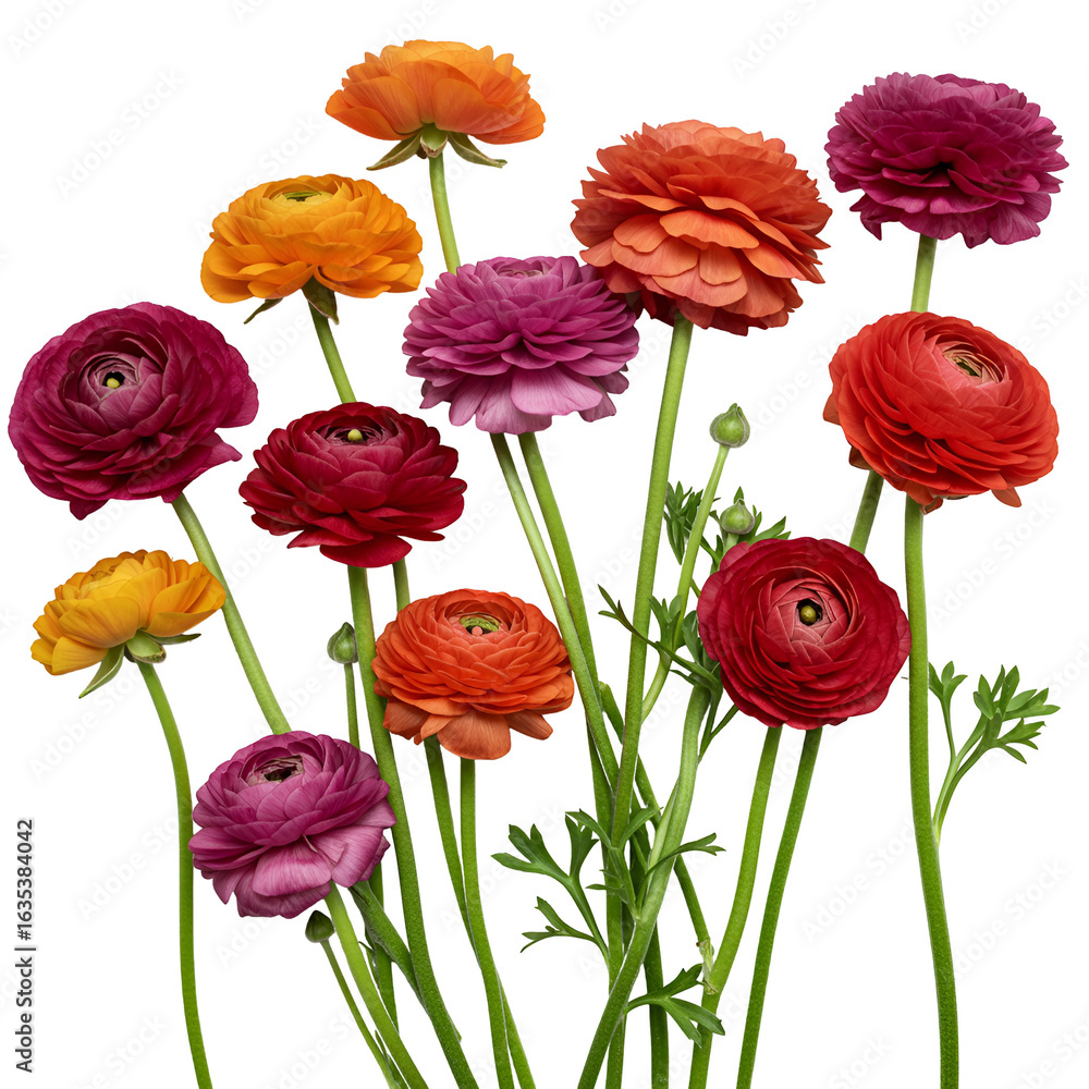 Obraz premium Colorful Ranunculus Flowers with Transparent Background Isolated Photo