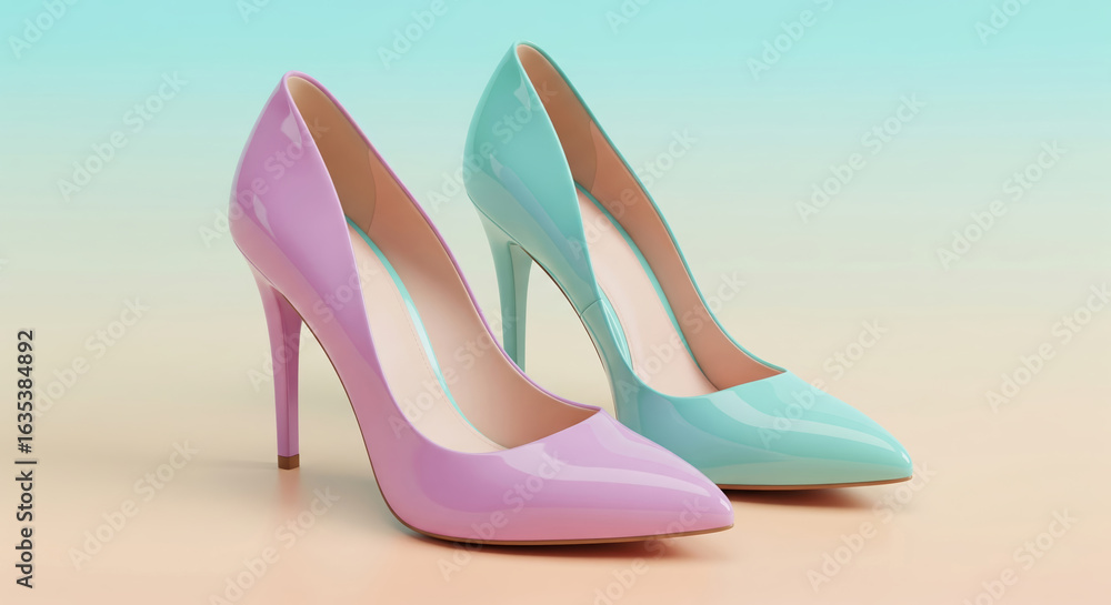 Naklejka premium Modern minimalist 3d render of a pair of elegant pastel high-heeled shoes in pink and turquoise on a gradient background