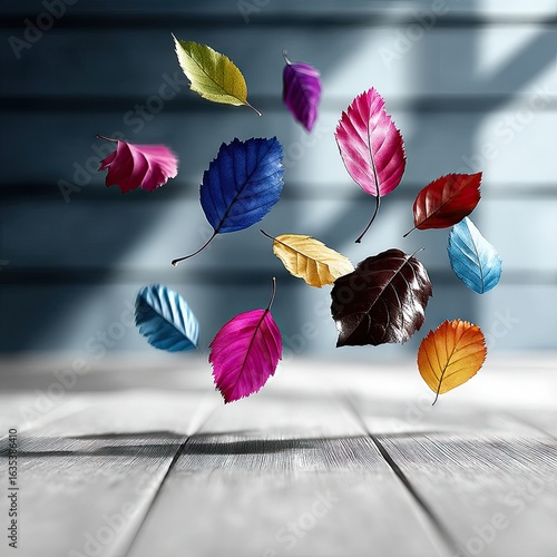 Vibrant Autumn Leaves Falling on Wooden Background
