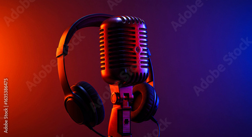 Microphone and Headphones on Gradient Background, Podcast Recording Equipment for Audio Production, Music Creation