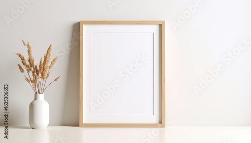Minimalist Oak Frame Mockup with Pampas Grass in White Vase on White Table.