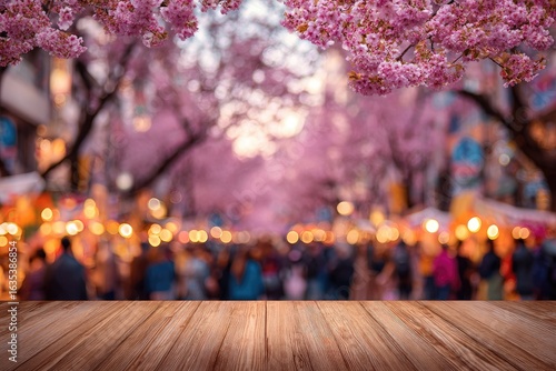 Sakura blossoms frame a bustling street market. Soft focus