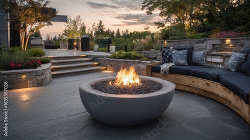 Backyard fire pit at sunset, luxury patio, landscaping design