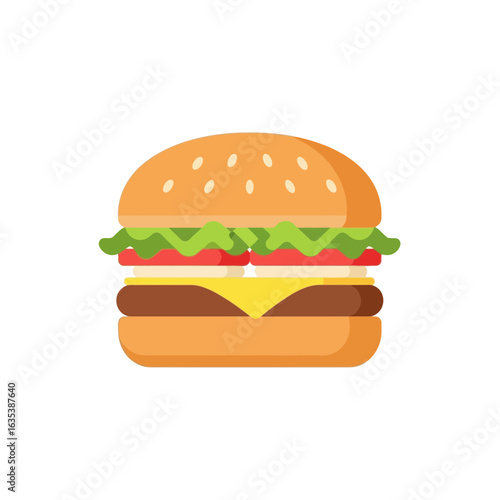 Flat illustration of a classic cheeseburger with bun, patty, cheese, lettuce, and tomato transparent background..