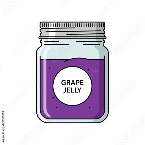 A glass jar of homemade grape jelly, sealed with a silver lid and a circular label transparent background..