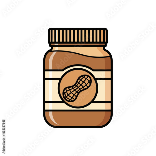 A jar of creamy peanut butter with a peanut illustration on the label, isolated transparent background.