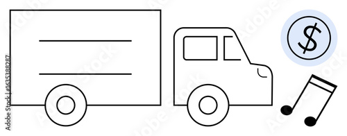 Cargo truck with dollar coin and musical notes representing trade, logistics, and entertainment industries. Ideal for delivery service, business, e-commerce, music industry, fleet management