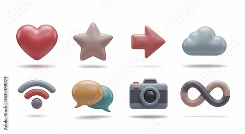 A colorful inflatable 3D illustration of a user interface icon set, featuring glossy symbols for social media and web design.
