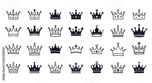 A diverse collection of twenty-eight royal crown icons in black silhouette and outline styles.