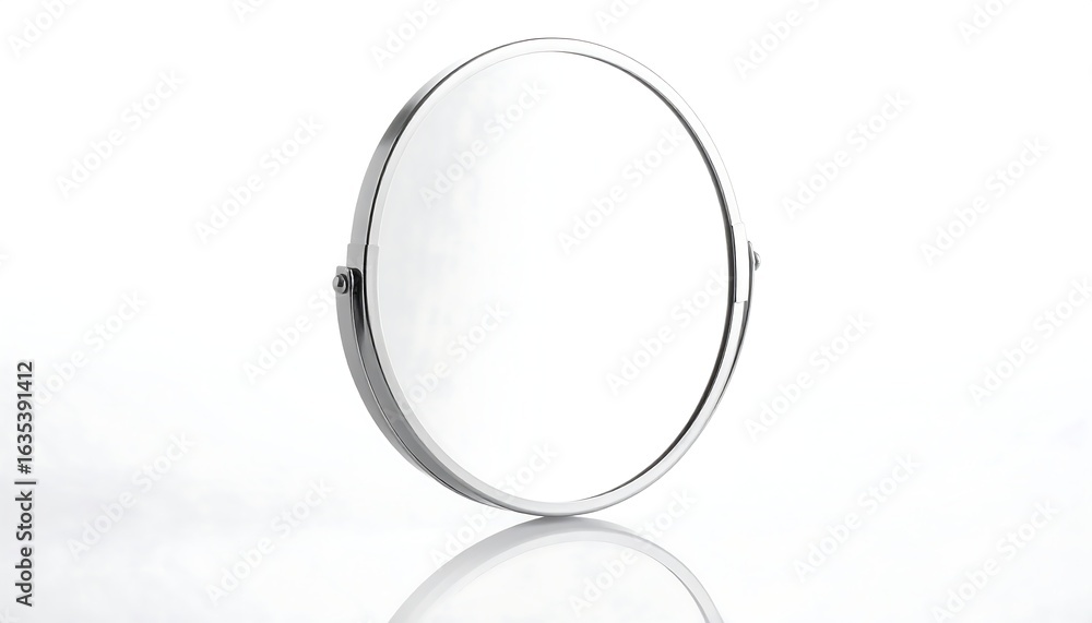 Fototapeta premium Circular mirror with a silver frame and adjustable stand, reflecting on a white surface