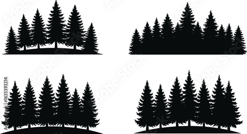 Pine tree forest silhouette, evergreen woodland scenery, dense conifer trees illustration, wild nature landscape, mountain forest edge, black tree design, scenic outdoor evergreen grove artwork.

