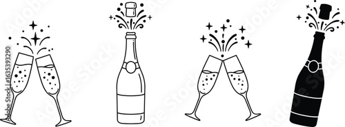 Champagne bottle and glasses silhouette, sparkling wine celebration, festive drink icons, toast with champagne flutes, party beverage