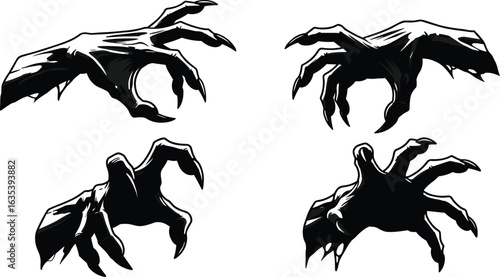 Scary monster claw hands, horror creature fingers, evil beast grasp, creepy undead zombie attack pose, gothic fantasy illustration, dark spooky Halloween concept, nightmare scary art design.

