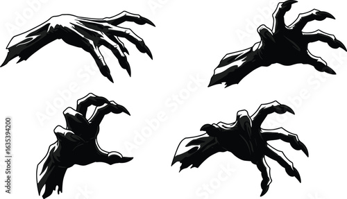 Dark monster claws illustration, scary creature hand pose set, horror spooky hands artwork, black demon fingers, Halloween fear element, creepy vector graphic clipart

Art & Illustration