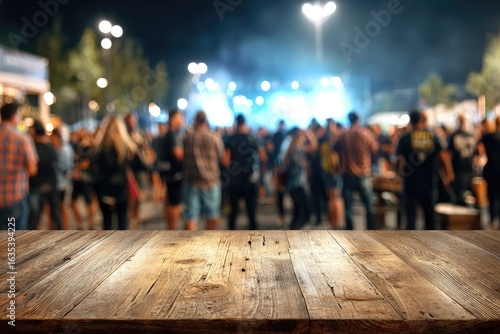 Blurred night festival scene, wooden table foreground