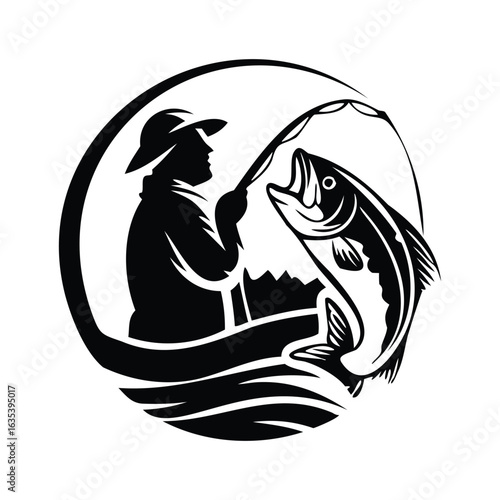 silhouette of a fisherman fishing on a boat vector art illustration