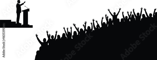 Public speaker at podium addressing cheering crowd, motivational event, audience raising hands in excitement, leadership and inspiration at conference, rally 