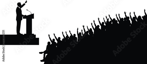 Public speaker addressing audience, motivational speech at conference, people raising hands in agreement, seminar or lecture presentation, leadership and communication in professional event 