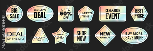 Set of holographic stickers. Universal sale. Foil labels with pastel rainbow shine and iridescent gradients. Modern emblems, tags and badges. Isolated vector illustration